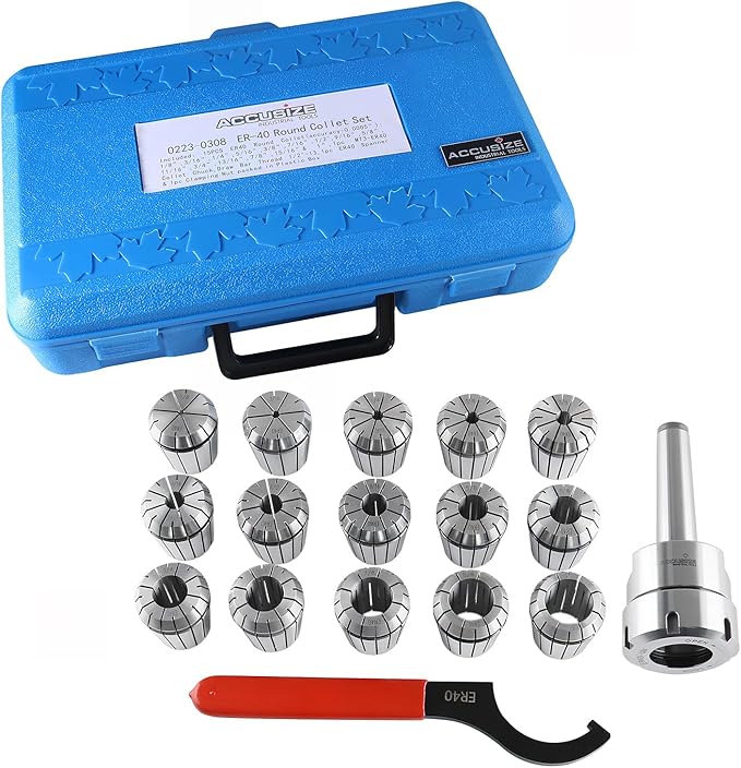 Accusize Industrial Tools MT3 Shank ER40 Chuck with 15Pc Collets Kit, 1/8 inch - 1 inch by 16th, Morse Taper Collet System, 0223-0308