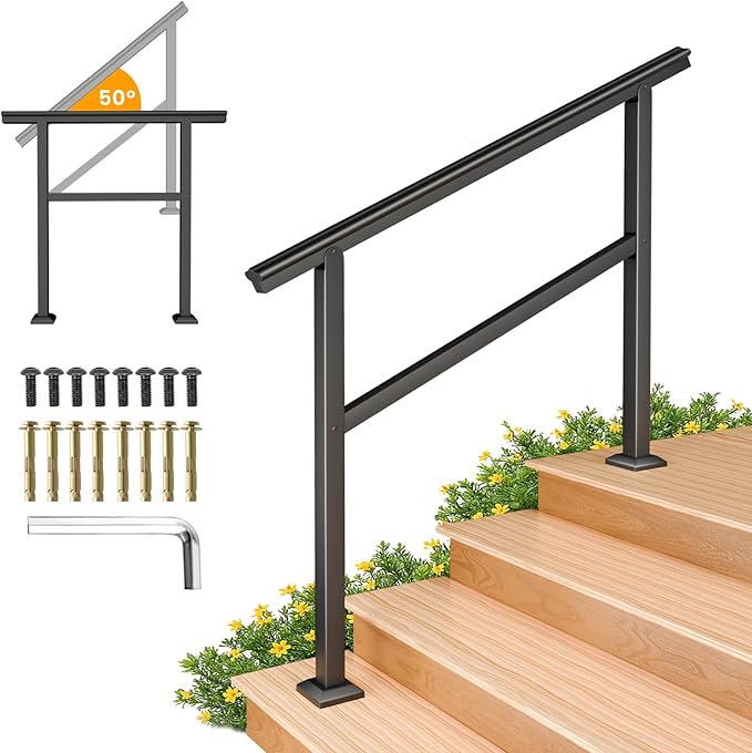 SPACEEUP Hand Rails for Outdoor Steps,4 Step Handrail，45" x 34" Fits 0 to 4 Steps, Outdoor Stair Handrail Kit, Black Railings for Outdoor Steps for Porch Deck，Hand Rails for Seniors