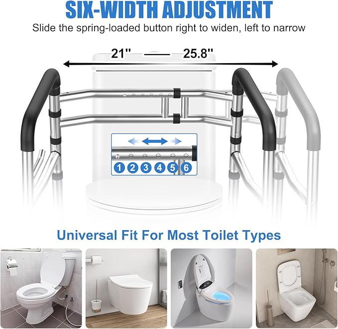 Toilet Safety Rail, 380LB Stainless Steel Toilet Frame with Padded Handles&Paper Holder, Adjustable Detachable Handicap Toilet Rails, Foldable Toilet Support Frame for Elderly