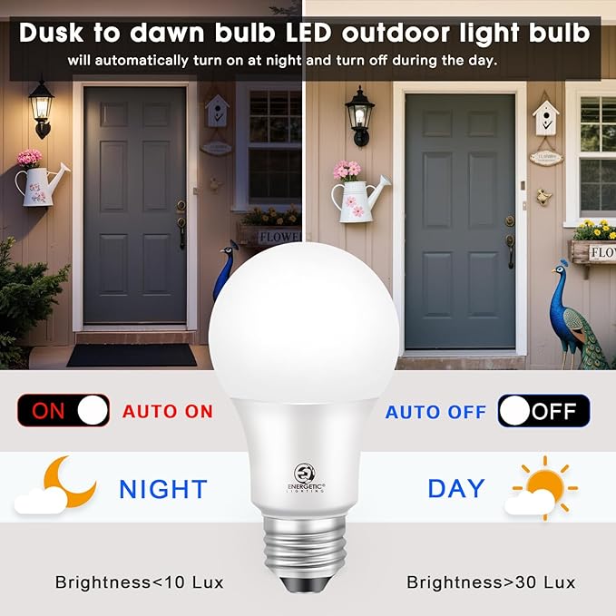 Dusk to Dawn LED Outdoor Light Bulb, 75 Watt Equivalent, 9W 1100 Lumens, 5000K Daylight LED Light Bulbs, E26 Base, Automatic On/Off Sensor Light Bulb for Porch, Hallway, Garage, ETL Listed, 4-Pack