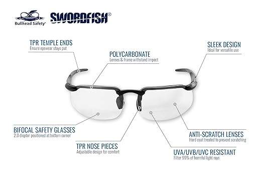 Bullhead Safety Swordfish Bifocal Safety Glasses, 2.0 Diopter, ANSI Z87+, Reader Glasses with UV Light Protection and Anti-Scratch Coating, Clear Lenses, Matte Black Frame