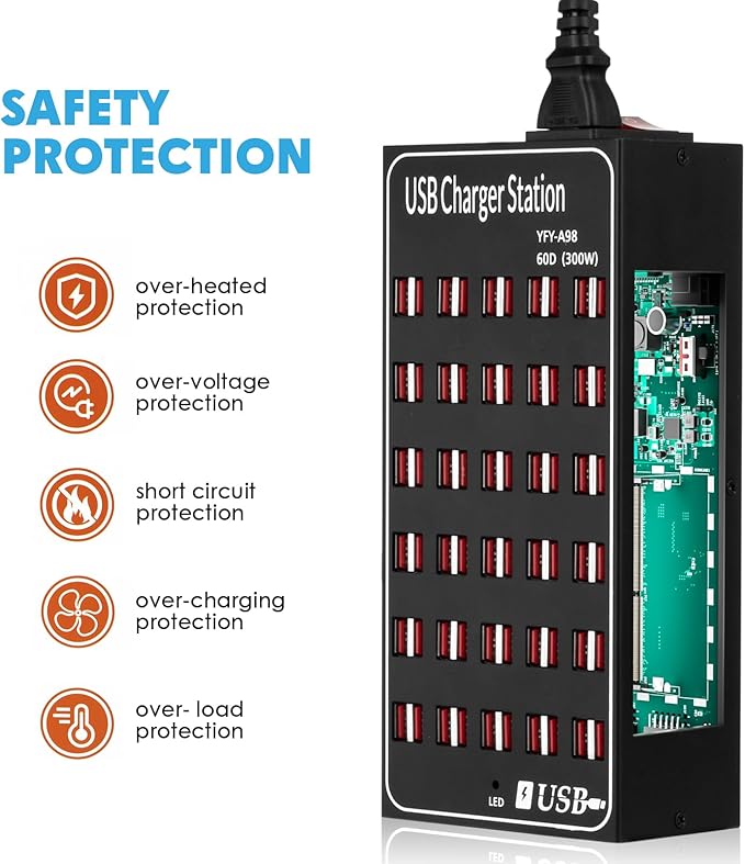 USB Charging Station for Multiple Devices, 300W 60 Port Desktop Fast Charger Station with Intelligent Protection, Multi Ports USB Charger Block for Home School Hotel Office Shopping Malls
