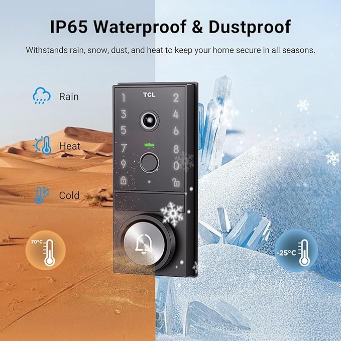 TCL Video Smart Lock D1 Max, 3-in-1 2K Camera+Doorbell+Fingerprint Door Lock, Built-in Wi-Fi Deadbolt for Front Door, Keyless Entry, Auto Lock, App Remote Control, Easy Installation