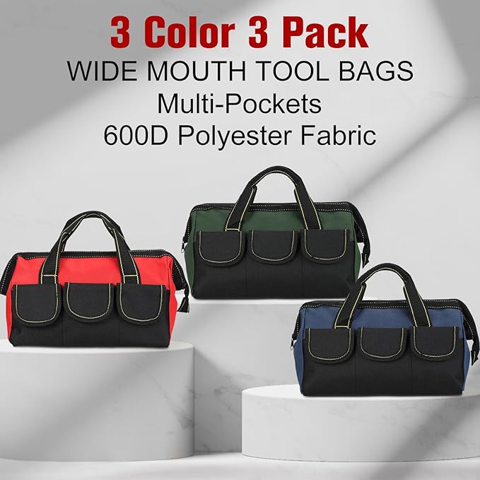Sanwuta 3 Pack Tool Bag for Men with Waterproof Hard Bottom, Heavy Duty Tool Bag Wide Mouth Tote for Various Instrument, Electrician Carpenter Mechanic(16 Inch,Red, Army Green, Blue)