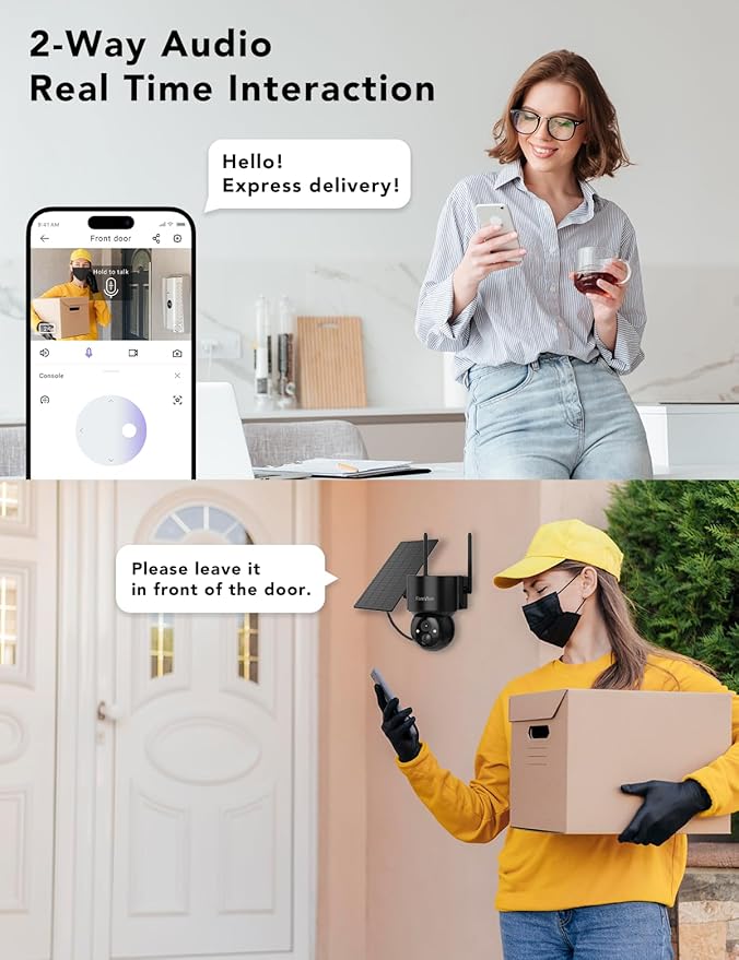 2K Solar Security Cameras Wireless Outdoor, 360°PTZ Battery Powered Cameras for Home Security, 2.4G WiFi Outdoor Camera with Color Night Vision, IP66 Waterproof, Motion Sensor Alarm, Black