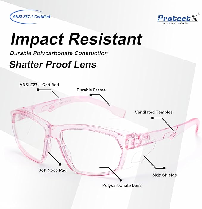 ProtectX Stylish Anti-Fog & Scratch-Resistant Safety Glasses, UV Protection Goggles, Anti-Impact Lightweight Glasses for Men＆Women Pink Clear - 6 Pack