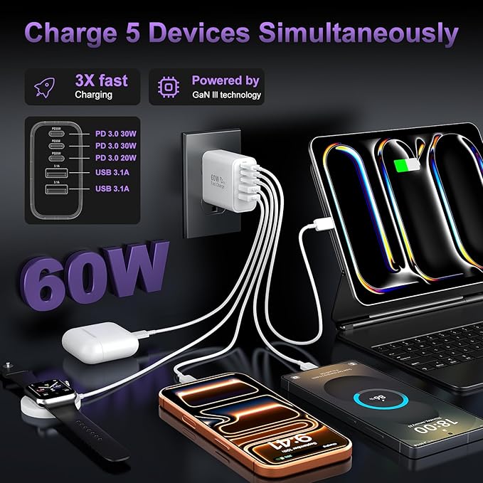 USB C Fast Wall Charger Block, 2Pack 60W USBC Charging Cubes, 5-Port PD+QC Power Adapter Multiport Brick Type C Box Plug for iPhone 17/16/15/14/13/12/11/Pro Max/Plus/Air, iPad mini/Pro,Galaxy S25/S24