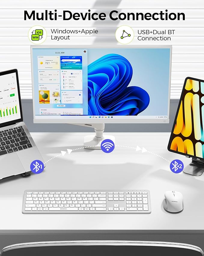 seenda Bluetooth Keyboard and Mouse, Wireless Keyboard Mouse Combo 2.4G+Dual Bluetooth Multi-Device Connection Full Size Ultra-Slim Keyboard with Number Pad for Windows/Mac,White & Silver