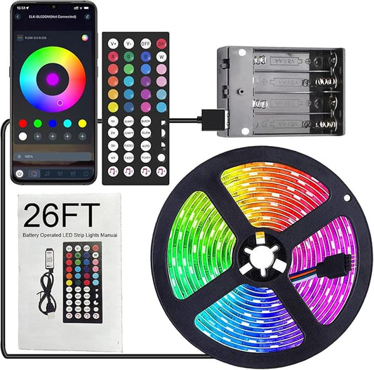 Battery Operated LED Strip Lights 26ft, Color Changing RGB APP & Remote Control, Music Sync, USB Powered, Cuttable - for Bedroom, TV Backlight, Party, Kitchen, Camping