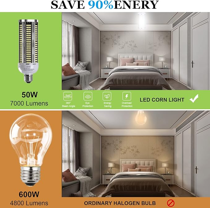 LED Corn Light Bulb 600W Equivalent 7000 Lumen 5000K Daylight White 50W E26/E27 Medium Base Non-dimmable Corn Lighting for Home Garage Warehouse Indoor LED Corn Bulbs Pack of 2