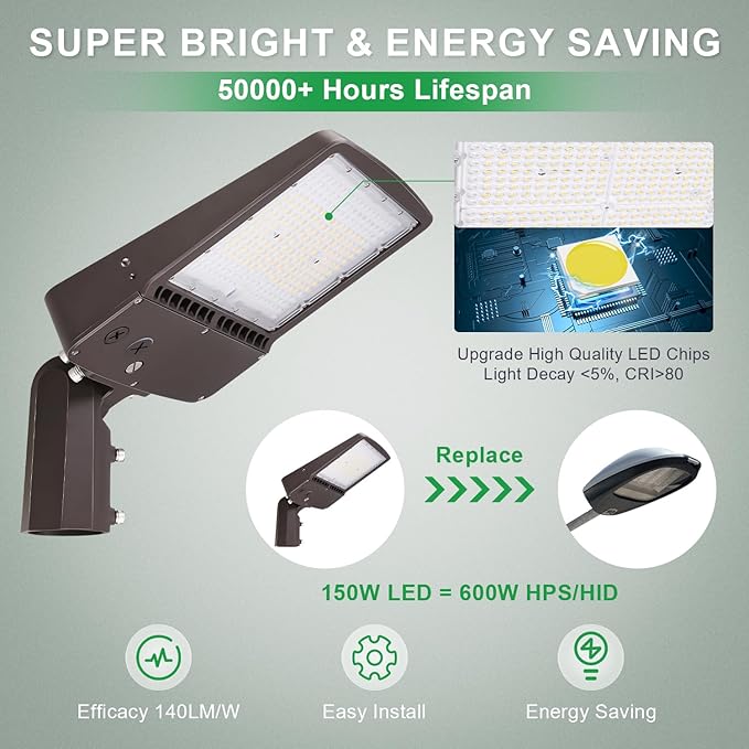 150W LED Parking Lot Light, 5700K 21000LM LED Shoebox Area Light [600W MH/HPS Equiv.], 0-10V Dimmable Outdoor Pole Flood Lights with Slip Mount, IP65 20KV Surge Protection AC100-277V UL&DLC Listed