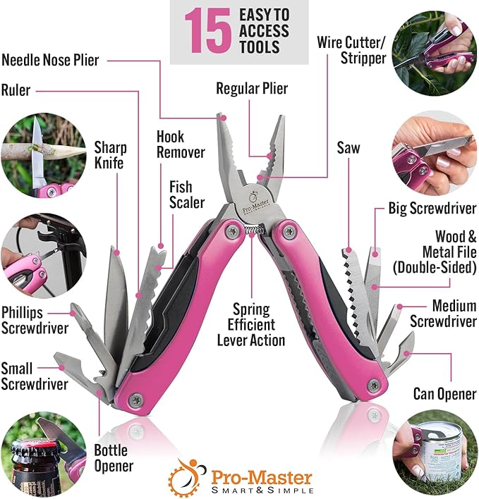 Pink Multitool 15-in-1 for Mom, Wife, Daughter, Grandma, Practical EDC Multi Tool Pliers, Pocket Knife with Safety-Locking, Great for Hiking, Camping, Simple Repairs, Car Glove Box