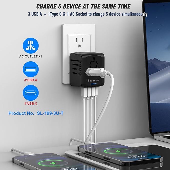 Universal International Travel Power Adapter W/High Speed 2.4A USB, 3.0A Type-C Wall Charger, European Adapter, Worldwide AC Outlet Plugs Adapters for Europe, UK, US, AU, Asia-Black