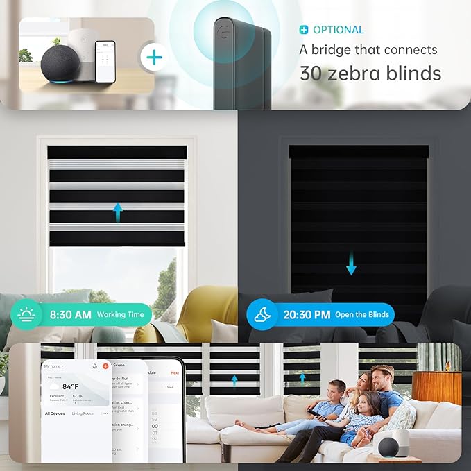 Motorized Zebra Blinds, Solar Powered Dual Layer Automatic Shades with Remote Control, Rechargeable Smart Blinds Horizontal Wireless Electric Shades for Windows, Custom Size, Black，33¾ x 72