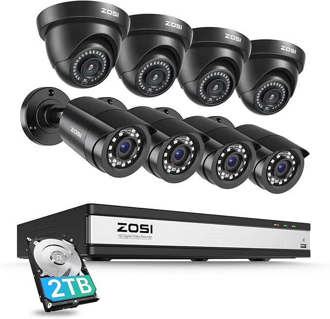 ZOSI 16CH 3K Lite Home Security Camera System,AI Human/Vehicle Detection,Night Vision,Remote Access,8pcs 1080p Outdoor Surveillance Cameras,16 Channel 1080P CCTV DVR with 2TB HDD for 24/7 Recording
