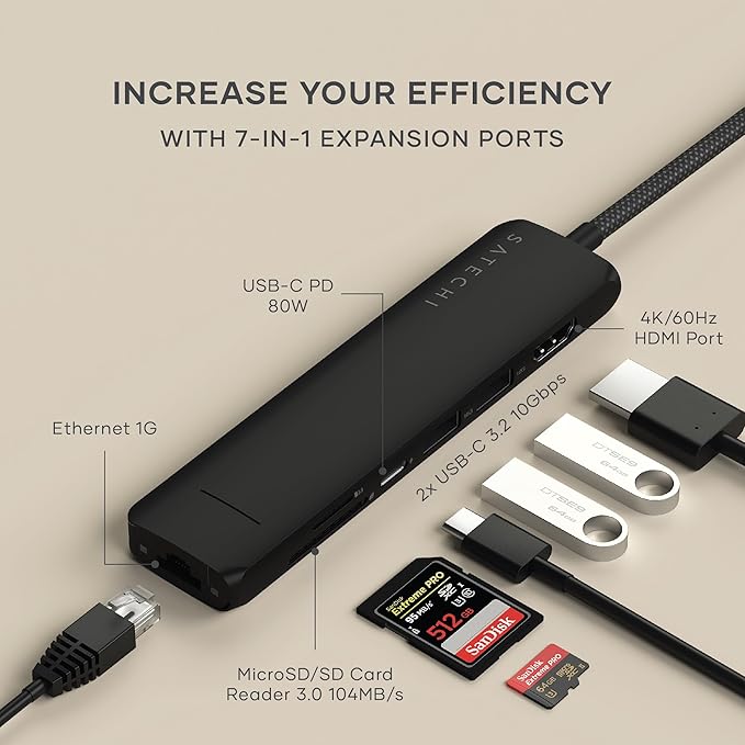 Satechi 7 in 1 USB C Hub Multiport Adapter with Ethernet, HDMI 4K@60Hz, 100W PD Charging, 2X USB-A Data Ports, Micro/SD Card Readers for MacBook Pro/Air M4–M1, iPad, iPhone, Windows - Black