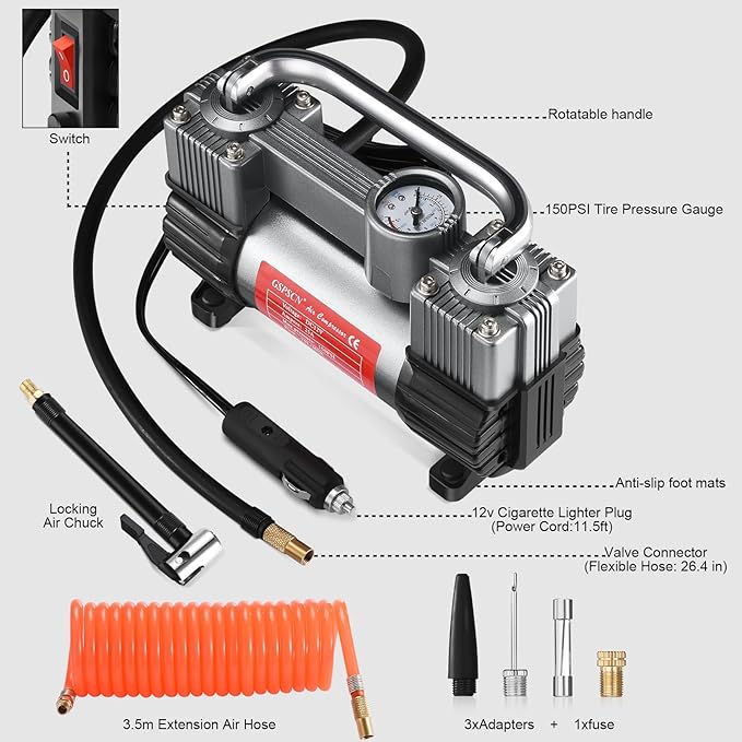GSPSCN Tire Inflator Heavy Duty Double Cylinders, Portable Metal DC 12V Air Compressor - Car Accessories, 150PSI Tire Pump with Adapter for Car, Truck, SUV Tires, Dinghy, Air Bed etc (Titanium)