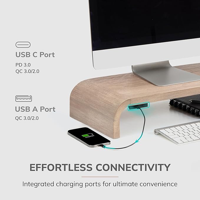 Anji Mountain Wood Monitor Stand Riser Desk Desktop Organizer Table for Home, Office Workspace, Laptop Riser, Ergonomic Design Stand for Gaming Setup, with Power Source, Biscotti