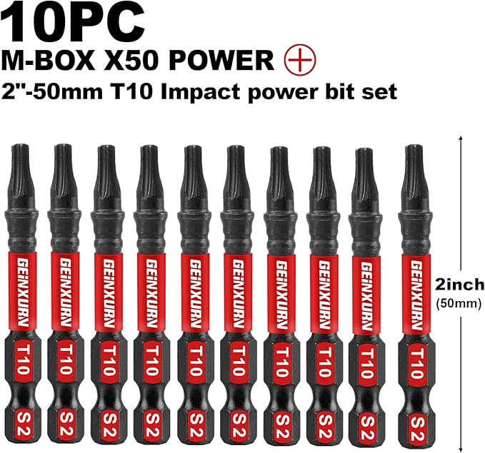 10Pieces 2 In. T10 Impact Tough Magnetic Screwdriver Bit Set, #10 Torx Head Power Bits, S2 Alloy Steel Star Bits with Storage M-Box