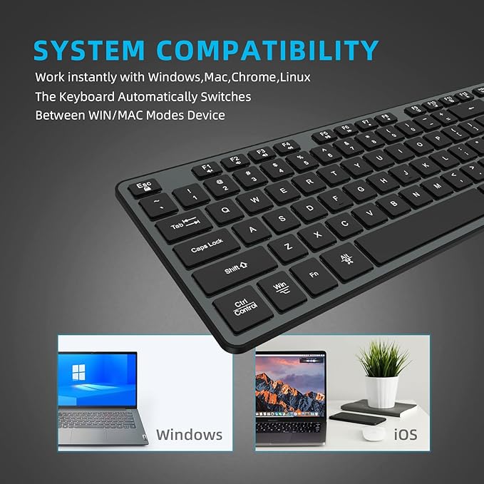 Slim Quiet Wireless Keyboard for Mac and Windows,Durable Flat Keyboard with Full Size Ultra Quiet Low-Profile Flat Keys, 2.4GHz Wireless for Mac,Windows 11/10/8/7/Vista,Microsoft & PC（Grey