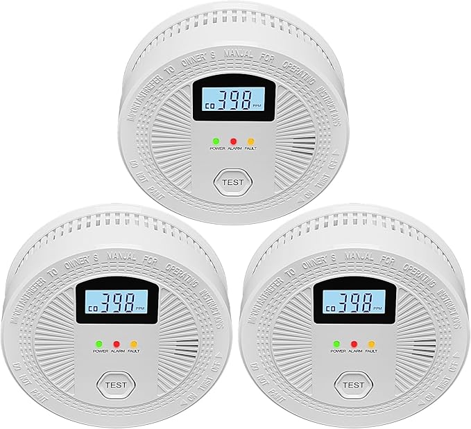 3 Pack Combination Photoelectric Smoke and Carbon Monoxide Alarm Detector with Digital Display; Battery-Operated Smoke Carbon Monoxide Alarm