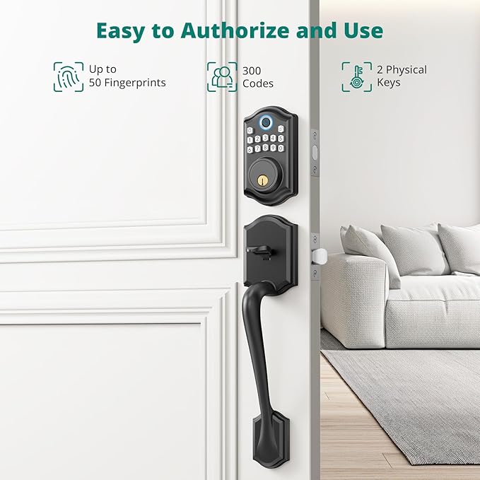DS10 Keyless Entry Door Locks - Keypad Lock with Handle Set, Fingerprint Deadbolt, Smart Locks for Front Doors, Auto-Lock & One Touch Locking, 2 Keys, Easy Installation