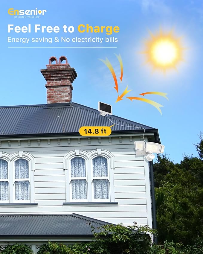 Ensenior 5 Motion Sensor Modes Solar Security Light, 1800LM 270° Wide Angle 3 Heads LED Flood Lights, IP65 Waterproof Wall Lights, Separate Solar Panel Remote Control Solar Lights Outdoor