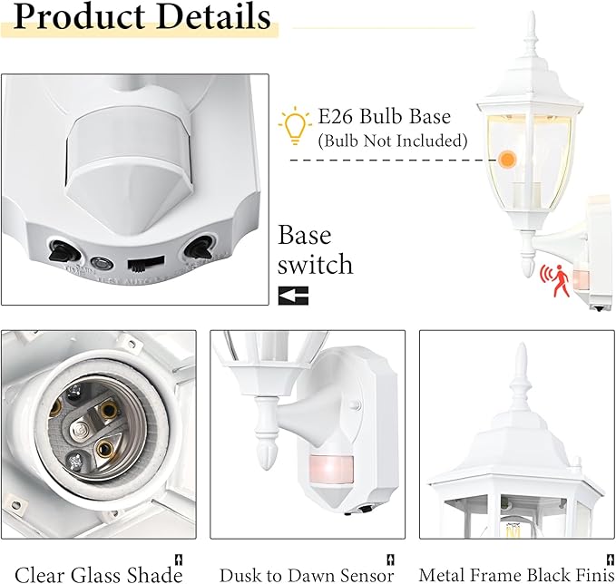 Porch Lights Outdoor Motion Sensor Wall Sconce Anti-Rust Aluminum, Exterior Outdoor Wall Lights Dusk to Dawn Porch Light Fixture Wall Mount for House Outside Patio White