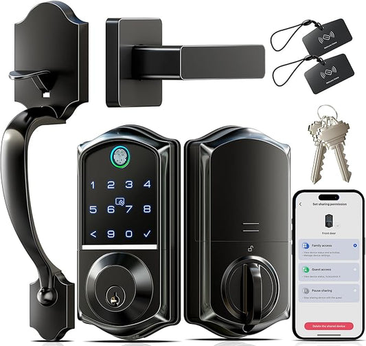 Veise VE017-H Fingerprint Smart Front Door Lock Set, App Control, Keyless Entry Deadbolt with Handle, Smart Deadbolt, Emergency Power Port, Touchscreen Keypad, Auto Lock, Easy Install, Matte Black