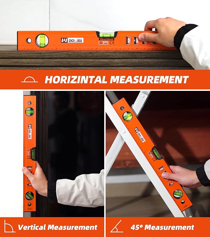 DOWELL 18 Inch Magnetic Spirit Level with Metric Scale, 3 Different Bubbles-45°/90°/180°, HY030661