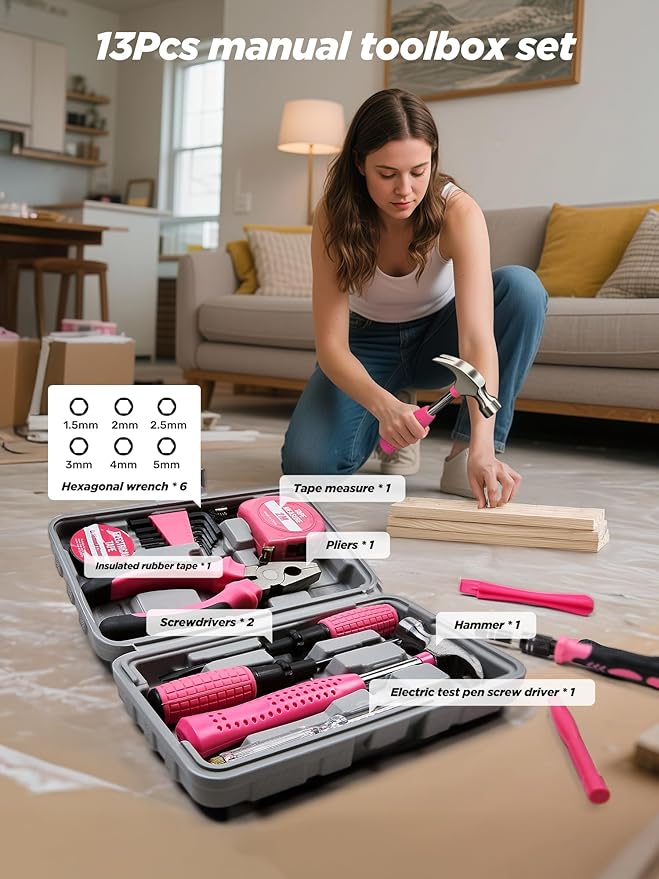 Pink Cordless Drill Set 21V, 154 PCS Tool Kit for Women with Storage Bag, Power Electric Drills, Precision Screwdriver Set, Hammer, Pliers, Magnetic Wristband and Accessories for DIY Home Repair Gift