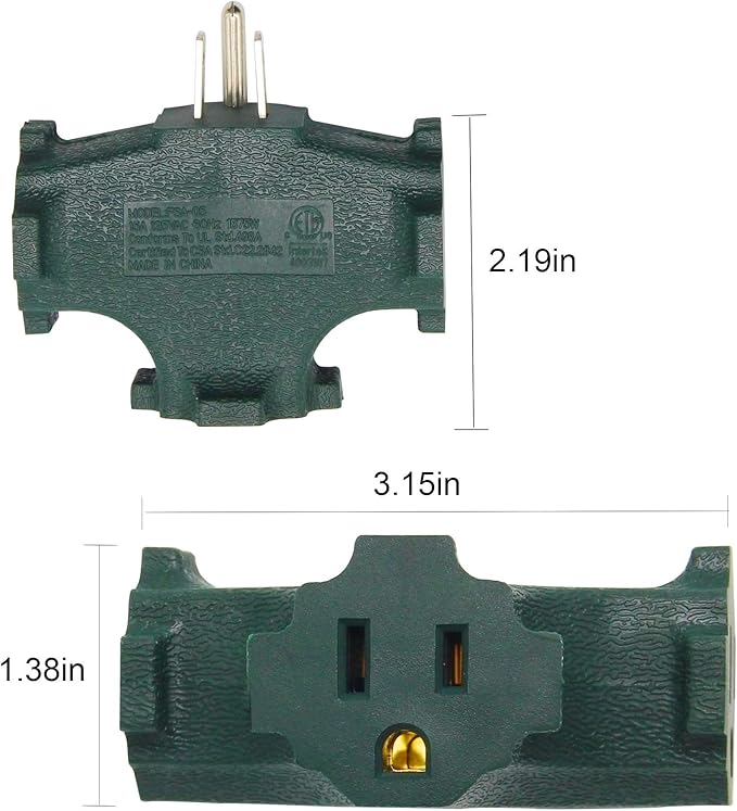 ETL Listed 3 Outlet Grounding Adapter, BTU Three Plug Outlet Adapter Splitter, Heavy Duty Grounded Power Tap, 3-Prong Outlet Adapter, Multi-Plug Extender, Green (Pack of 3)