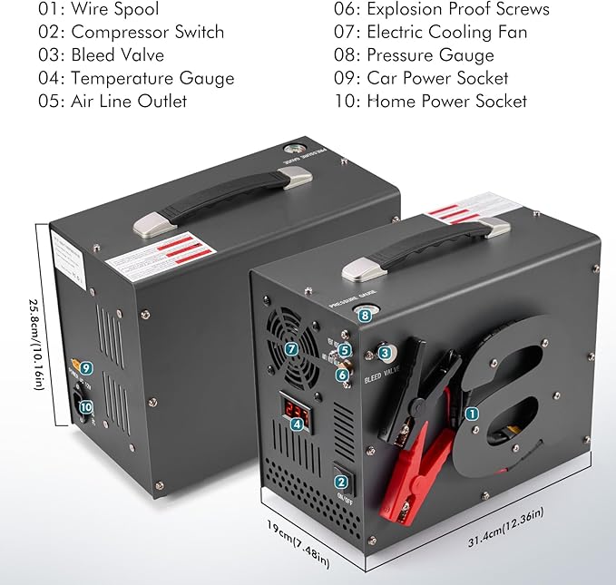 PCP Air Compressor with Manual Shut Down, 4500Psi/30Mpa, Water/Oil-Free, Powered by 12V DC/120V AC, Fan Cooling System, PCP Compressor for Air Rifle, Paintball and Scuba Tank Compressor Pump (Gray)