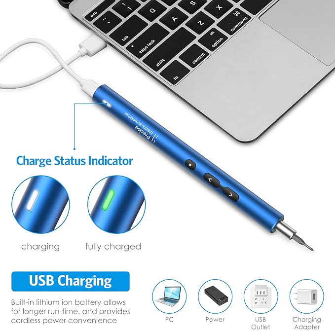 AMIR Electric Screwdriver for PC Building, 28 IN 1 Small Power Automatic Screwdriver Set with 24 Bits, Rechargeable Portable Magnetic Repair Tool Kit with LED Lights for Laptops, Watches, Blue