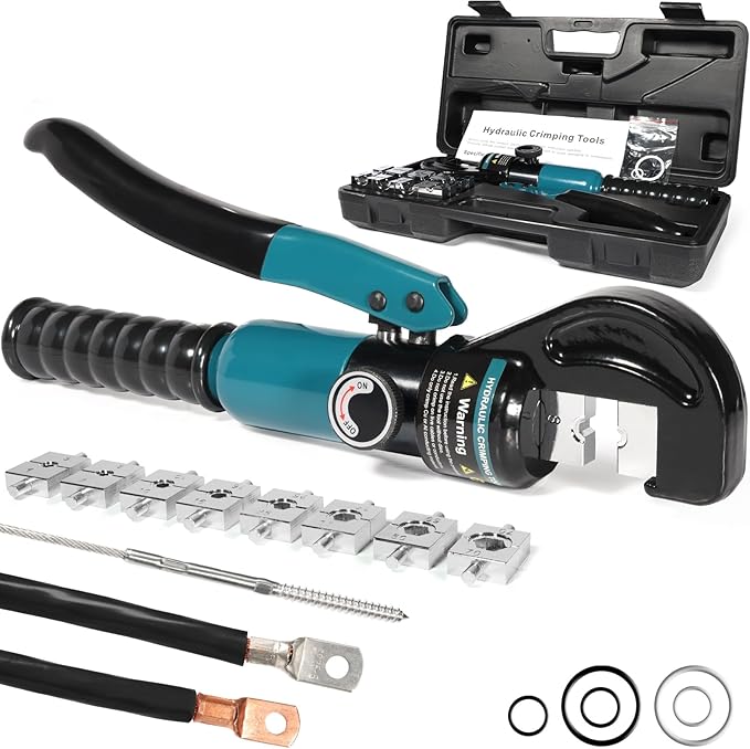 Hydraulic Crimping Tool, Hydraulic Crimper 10 Tons for 12-2/0 AWG Cable, Battery Lugs, Wire Lugs, Battery Cable Crimper Tool with 9 Pairs of Dies, 1/8” Wire Rope Crimping Tool