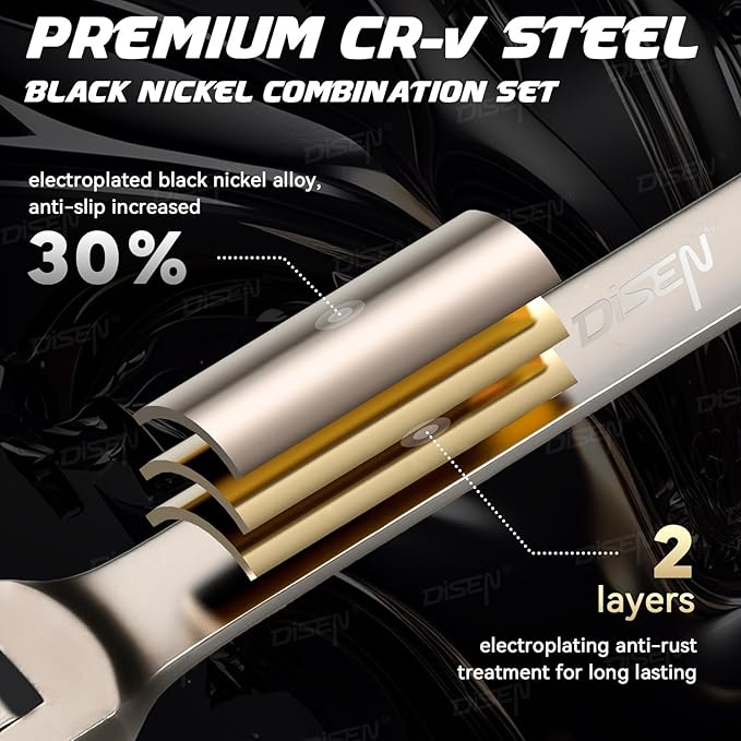 DISEN Upgraded 22-Piece Ratcheting Wrench Set, Metric & SAE, Chrome-Vanadium Steel, 90 Tooth Ratchet with Organizer