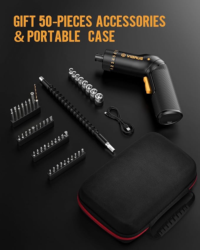 VIGRUE Cordless Screwdriver Set, 8V Max 10Nm Rechargeable Electric Screwdriver with 47 Accessories, 320RPM/10+1 Torque Setting power screwdriver kit, 2 Position Handle with LED Light