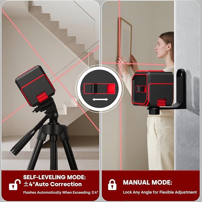 Laser Level with Self-leveling& Manual Mode Horizontal and Vertical Lazer Level with 360°Magnetic Bracket, 2xAA Batteries for Construction Home Decoration DIY etc. (Red)