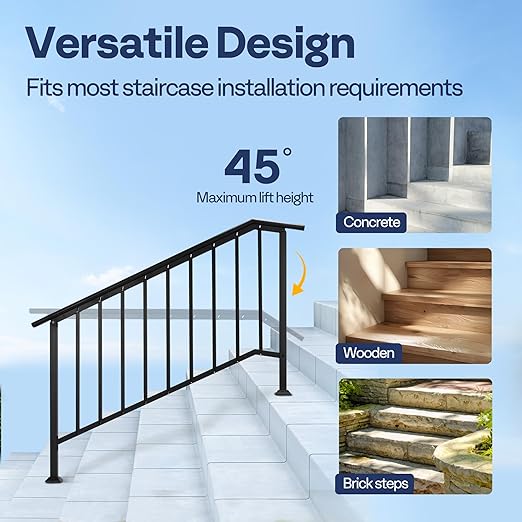 VIVOHOME 2-Pack 5 Step Galvanized Steel Hand Rails for Outdoor Steps – Black Oval and Safety Balusters Exterior Railing for Porch, Deck, or Indoor Stairs, Complete Installation Kit