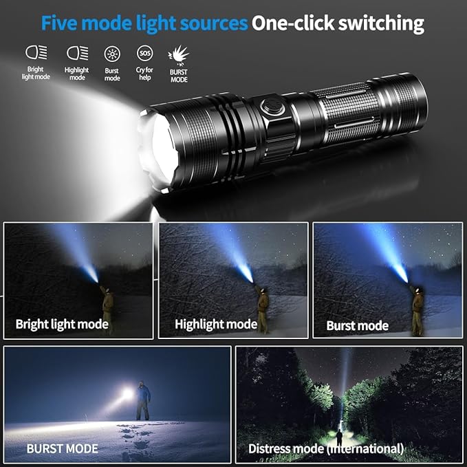 Rechargeable Flashlight, Tactical Flashlights 2000 High Lumens, USB C Bright Flashlights, Handheld LED Flashlight Rechargeable 5 Modes for Home,Camping, Police, etc