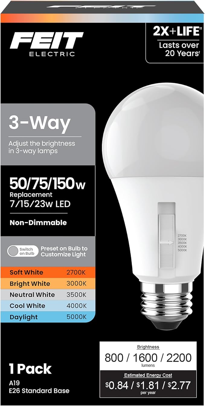 Feit Electric 3-Way A19 LED Light Bulb, 50/75/150W Equivalent, 5CCT Adjustable White (2700K–5000K), 1600 Lumens, Dimmable, 25,000-Life Hours, Energy Saving for Lamps & Fixtures, OM50/150/5CCTCA