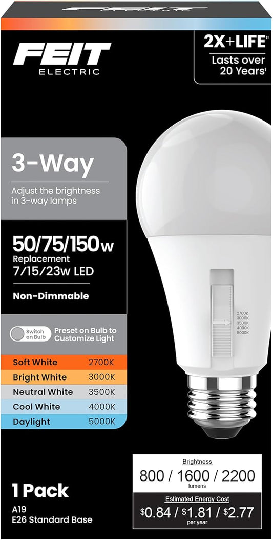 Feit Electric 3-Way A19 LED Light Bulb, 50/75/150W Equivalent, 5CCT Adjustable White (2700K–5000K), 1600 Lumens, Dimmable, 25,000-Life Hours, Energy Saving for Lamps & Fixtures, OM50/150/5CCTCA