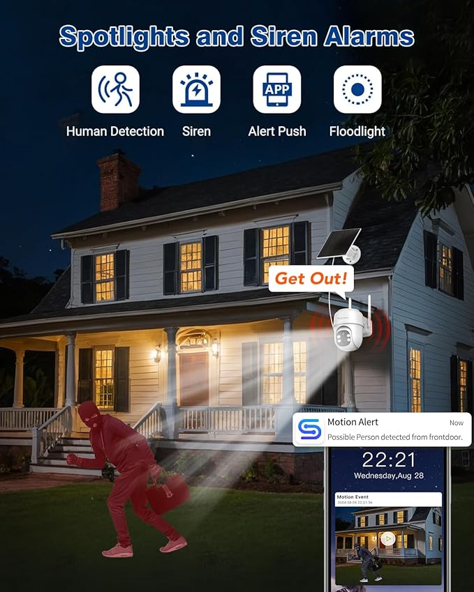 Septekon 360°PTZ Security Cameras Wireless Outdoor 2 Pack, 2K Solar Battery Powered Cameras, 2.4G WiFi Camera with Spotlight, Motion Detection, Siren, Color Night Vision, IP66, White