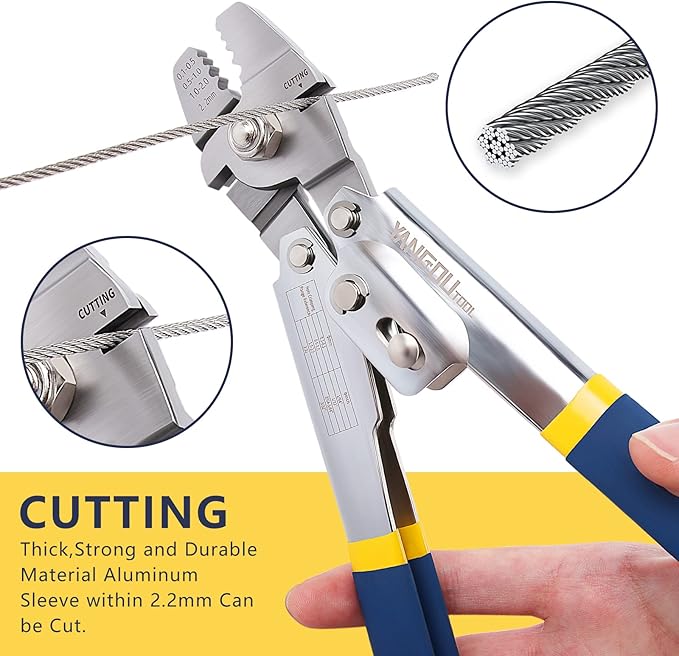 Yangoutool Wire Rope Crimper,Wire Rope Crimping & Cutting Tool: Versatile 2-in-1 Sheet Metal Swaging, Handles 0.1mm-2.2mm Aluminum Oval, Double Barrel Stop Ferrules, Ideal for Hand Tool Enthusiasts