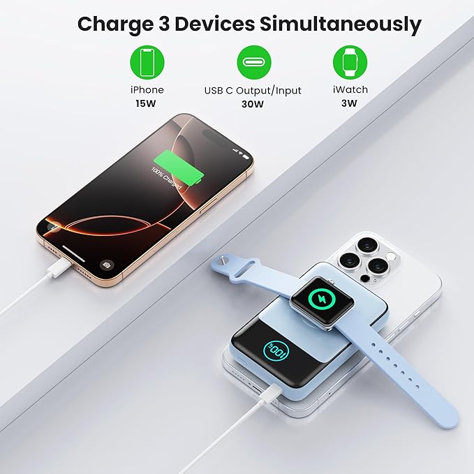 Magnetic Portable Charger for iPhone, 3-in-1 10800mAh Qi2 15W Wireless Power Bank with iWatch Charger,30W PD Fast Charging USB-C LCD Display Battery Pack for Magsafe,iPhone 16/15/14/13/12, Apple Watch