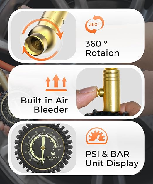 ETENWOLF Tire Pressure Gauge 0-100 PSI, ANSI B40.1 Grade A Accurate Tire Gauges for Tire Pressure with Large Glow Dial, Air Pressure Gauge for Tires, Car Accessories