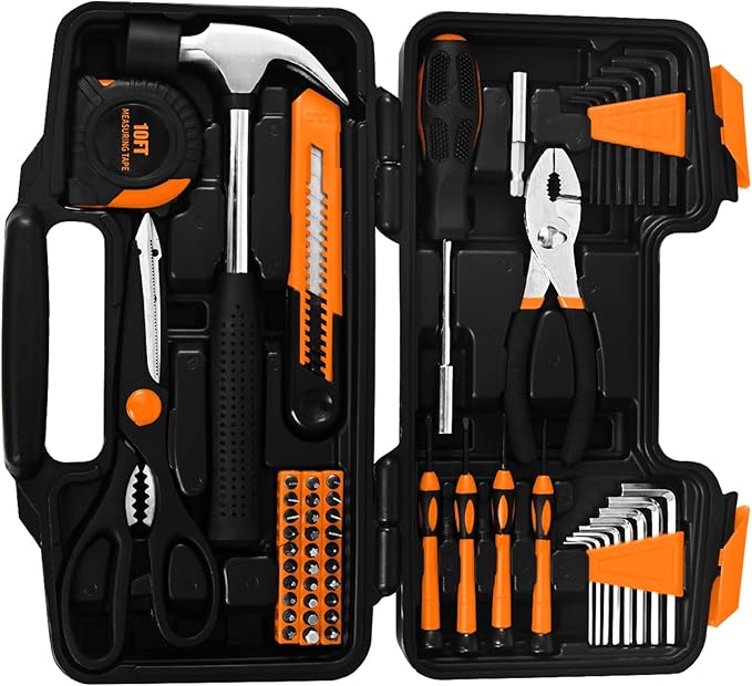 58-Piece Tool Kit Basic Home Repair Tool Set, General Household Hand Tool Kit,Small Tool Kit with Plastic Toolbox Mini Tool kit for Women, Office & College Repairs Orange