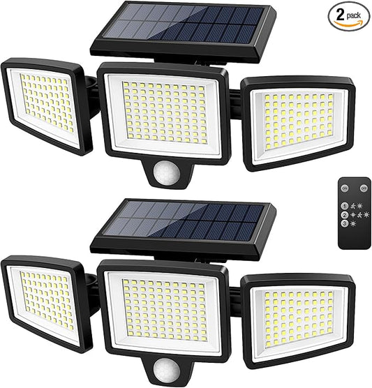 Tuffenough Solar Outdoor Lights 2500LM 210 LED Security Lights with Remote Control,3 Heads Motion Sensor Lights, IP65 Waterproof,270° Wide Angle Flood Wall Lights with 3 Modes(2 Packs)