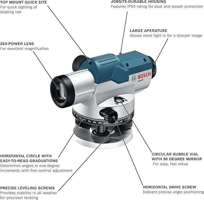 BOSCH GOL26 26X Automatic Optical Level, Includes Plumb Bob, Tool Kit, & Carrying Case