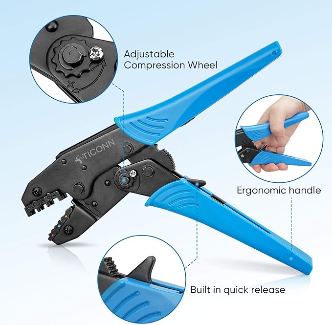TICONN Crimping Tool for Heat Shrink Connectors - Ratcheting Wire Crimper - Crimping Pliers - Ratchet Terminal Crimper - Wire Crimp Tool (30C, Blue)